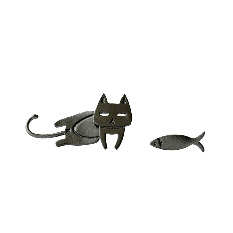 Brincos de prata esterlina hipoalergênico Cat & Fish - Previne alergias - Frete Grátis